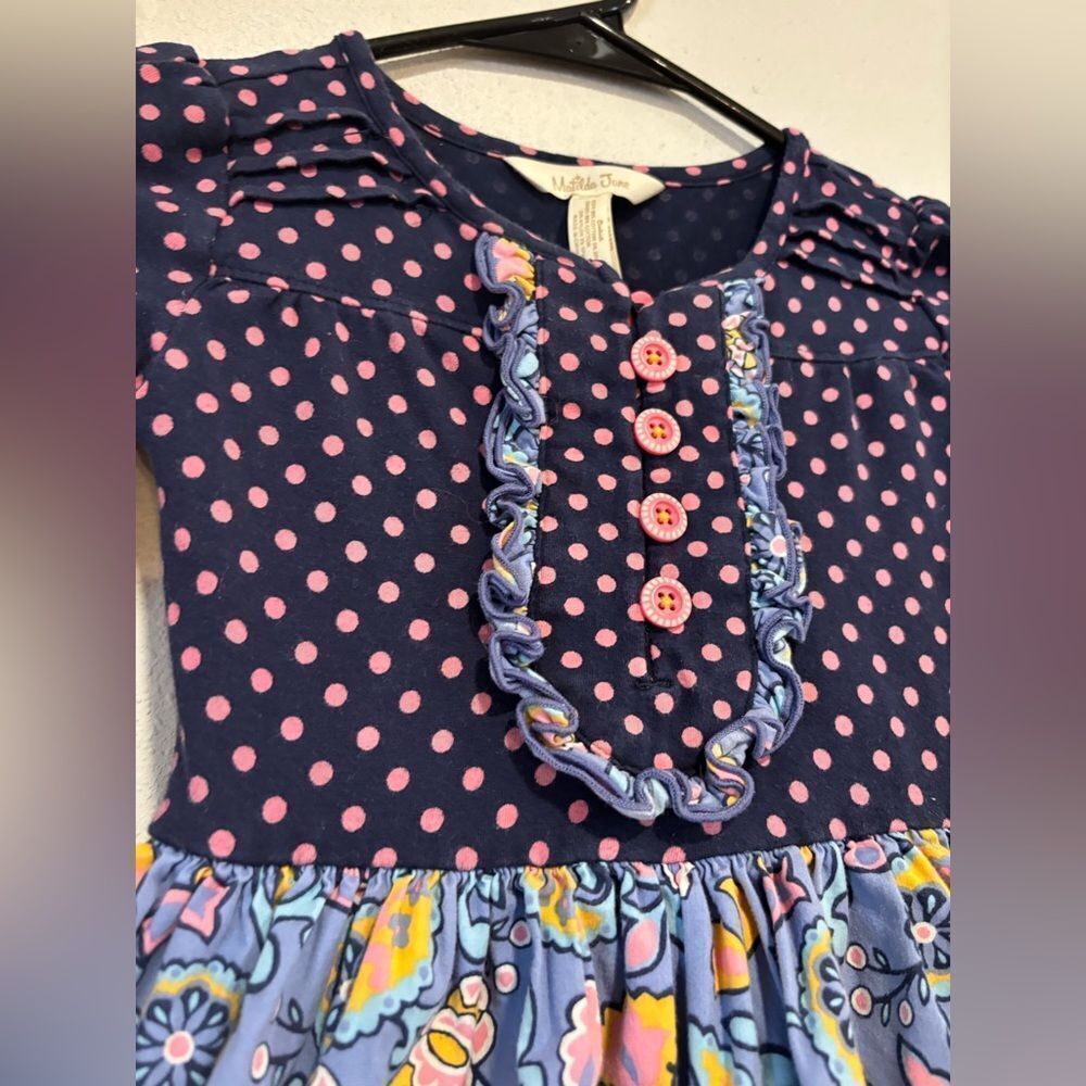 Matilda Jane To The Market dress in navy blue with pink polka dots - Picture 2 of 5
